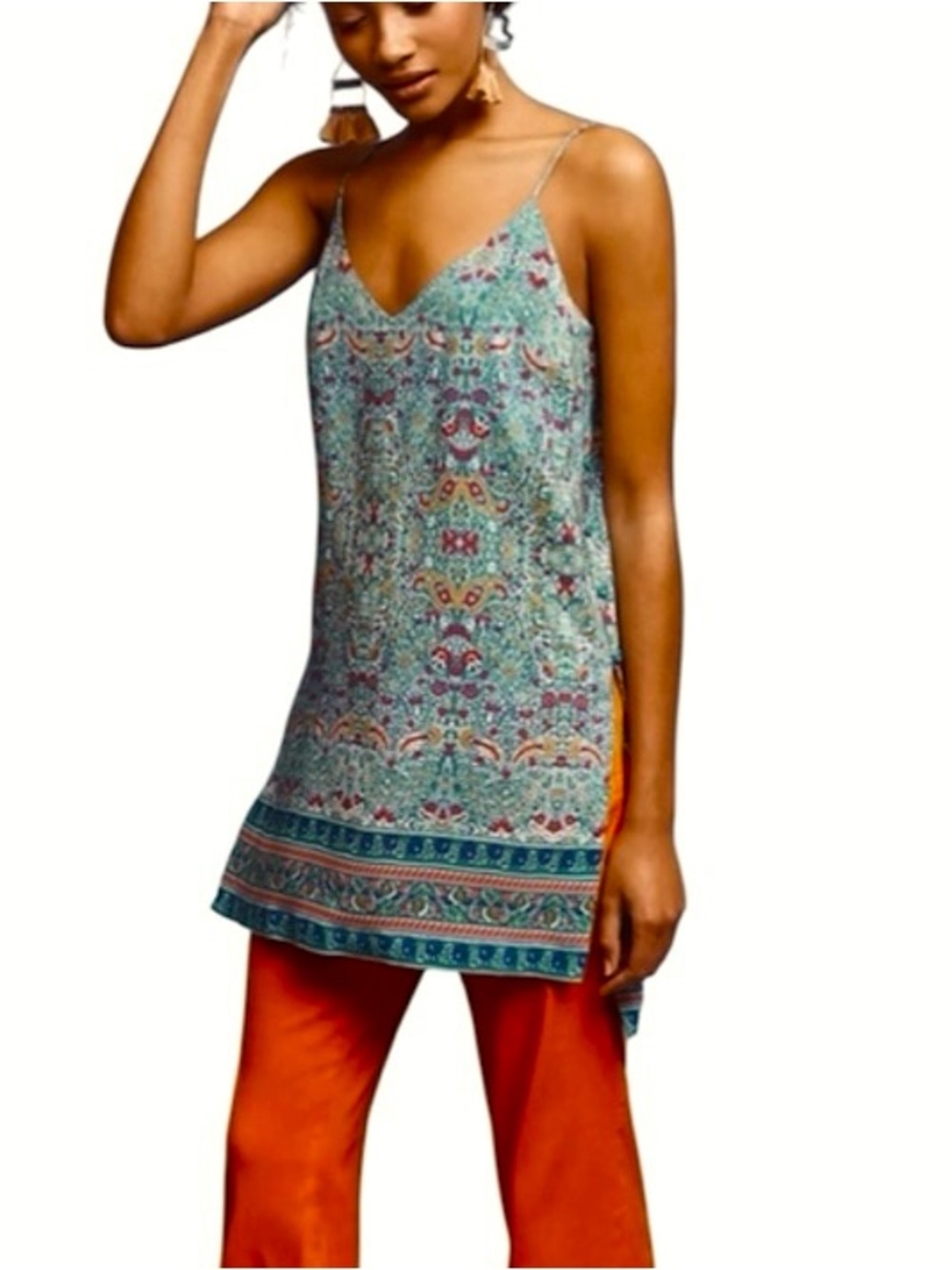 Anthropologie Maeve Meret Silk Pink Green Paisley Side Slit Tunic Boho Blouse 12